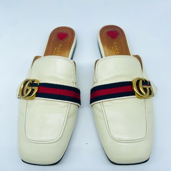 Gucci GG Logo Marmont Red Blue Web Canvas White Leather Mules Loafers EU 39 - Picture 2 of 14